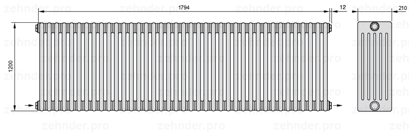 Схема (чертеж) Радиатор Zehnder Charleston 6120/39 №2670 Белый глянцевый RAL 9016